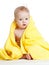 Cute happy blue-eyed baby in colorful towel