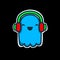 Cute happy blue ghost Doodle wearing headphone