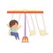 Cute Happy Boy Swinging at Carousel in Amusement Park Vector Illustration