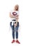 Cute happy candid middle aged youthful woman in jeans smiling and posing holding arm.