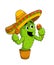 Cute happy cartoon cactus wearing sombrero and playing maracas, isolated on white background.