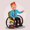 Cute, happy, cartoon disabled men character in a wheelchair, succesful businessman