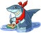 Cute Happy Cartoon Shark with Steak and Eating Utensils
