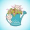 Cute happy cats with watering can full of flowers.