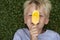 Cute happy child, school age boy, eating ice cream