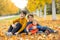 Cute happy children, siblings, boys, playing with knitted toys in the park, autumntime