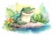 Cute happy crocodile sunbathing in watercolor illustration, created with Generative AI technology