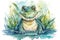 Cute happy crocodile sunbathing in watercolor illustration, created with Generative AI technology