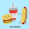 Cute happy delicious burgers, hot dog, drinks vector design