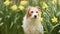 Cute happy dog listening and wagging tail with daffodil flowers in the spring garden
