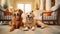 Cute happy dogs at pet friendly hotel, holidays trip with pet concept. Generative AI