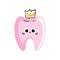 Cute happy doodle cartoon pink tooth with yellow crown in kawaii style