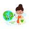 Cute happy Earth planet and girl with eco bag