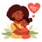Cute happy ethnic black woman mother with her daughter. Happy Mother's Day card. Vector illustration in flat cartoon