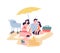 Cute happy family spending summer vacation at resort. Mother, father and children sunbathing and building sand castle on