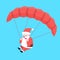 Cute happy fast flying with parachute cartoon Santa Claus. Chris