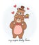 Cute Happy Father\\\'s day teddy bear daddy hugs baby, cartoon character hand drawing doodle outline