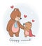 Cute Happy Father\\\'s day teddy bear daddy hugs baby, cartoon character hand drawing doodle outline