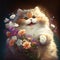 Cute Happy Fluffy Cat with Spring Flowers Generative AI