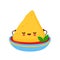 Cute happy funny nacho in salsa sauce bowl