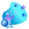 Cute happy funny strong pill guardian with sword and shield fight with bacteria microorganism virus. Vector flat cartoon