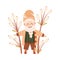 Cute happy garden bearded gnome. Joyful fairy tale dwarf elf character in pointed hat cartoon vector illustration