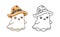 Cute happy ghost wearing witch hat colored and outline doodle illustration. Coloring book activity set.