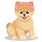 Cute happy ginger cartoon puppy with pink bows.