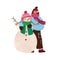 Cute happy girl hugging Xmas snowman. Funny portrait of smiling teenager child with Christmas snow man in winter scarf