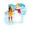 Cute Happy Girl Playing with Funny Dressed Snowman