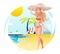 Cute Happy Girl on Sunny Beach Planning Summer Tourism Journey Symbol Travel Hotel Palm Trees Ocean Sea Background