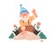 Cute happy gnome smiling, having fun, joy. Funny fairy dwarf laughing, waving with hand. Excited joyful elf, bearded man