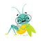 Cute happy grasshopper in glasses. Funny smart insect cartoon character vector illustration