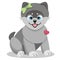 Cute happy grey cartoon puppy with green bow.