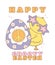 Cute Happy Groovy Easter Chick with Retro Easter egg. Playful cartoon doodle animal character hand drawing