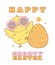 Cute Happy Groovy Easter Chick with Retro Easter egg. Playful cartoon doodle animal character hand drawing