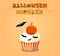 Cute happy halloween cupcake with pumpkin and bats on orange