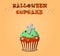 Cute happy halloween mint cupcake with grave cross and monster