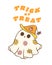 Cute happy Halloween retro ghost with daisy flowers cartoon doodles.  Trick or treat