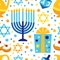 Cute Happy Hanukkah, Festival of Lights seamless pattern background in flat style