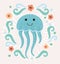 Cute happy jellyfish cartoon character Sea animal vector illustration Invertebrate animal sea fauna Medusa vector illustration