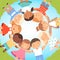 Cute Happy Kids Lying on Lawn in Circle, Adorable Children Holding Hands, Top View, Friendship Concept Cartoon Vector