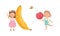 Cute happy kids playing with big banana and cherry fruit set cartoon vector illustration