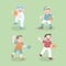 cute happy kids sport activity baseball pitcher vector illustration set