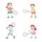 cute happy kids sport activity tennis vector illustration set