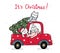 Cute happy kitten cat with Christmas tree on red truck car, cartoon doodle clipart flat vector, for greeting card, gift, print