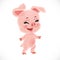 Cute happy laughing little cartoon baby pig stand on a white background