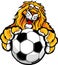 Cute Happy Lion Mascot with Soccer Ball
