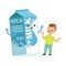 Cute happy little boy and funny milk carton box with smiling human face playing and having fun, healthy childrens food