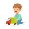 Cute happy little boy sitting on the floor playing with toy truck, colorful character vector Illustration